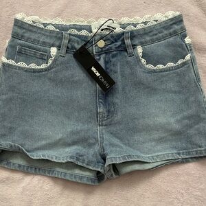 Fashion Nova Light Blue Jean Shorts with Lace Trim